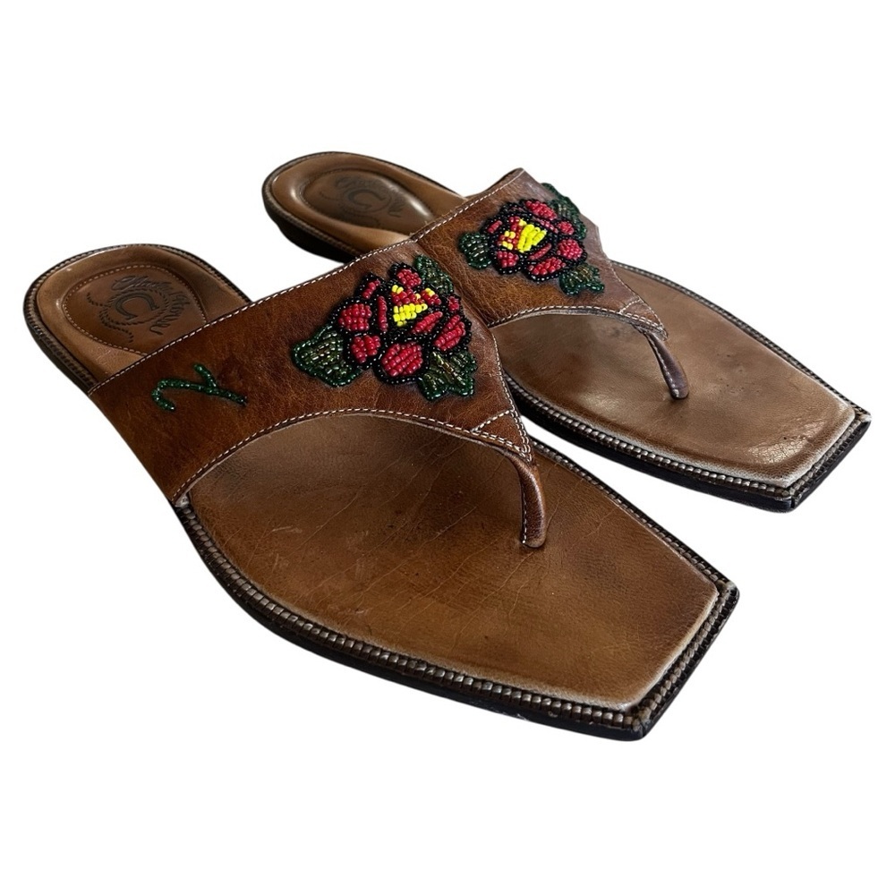 Charlie 1 Horse Women’s Thong Brown Leather Beaded Sandals Artisan 8B
